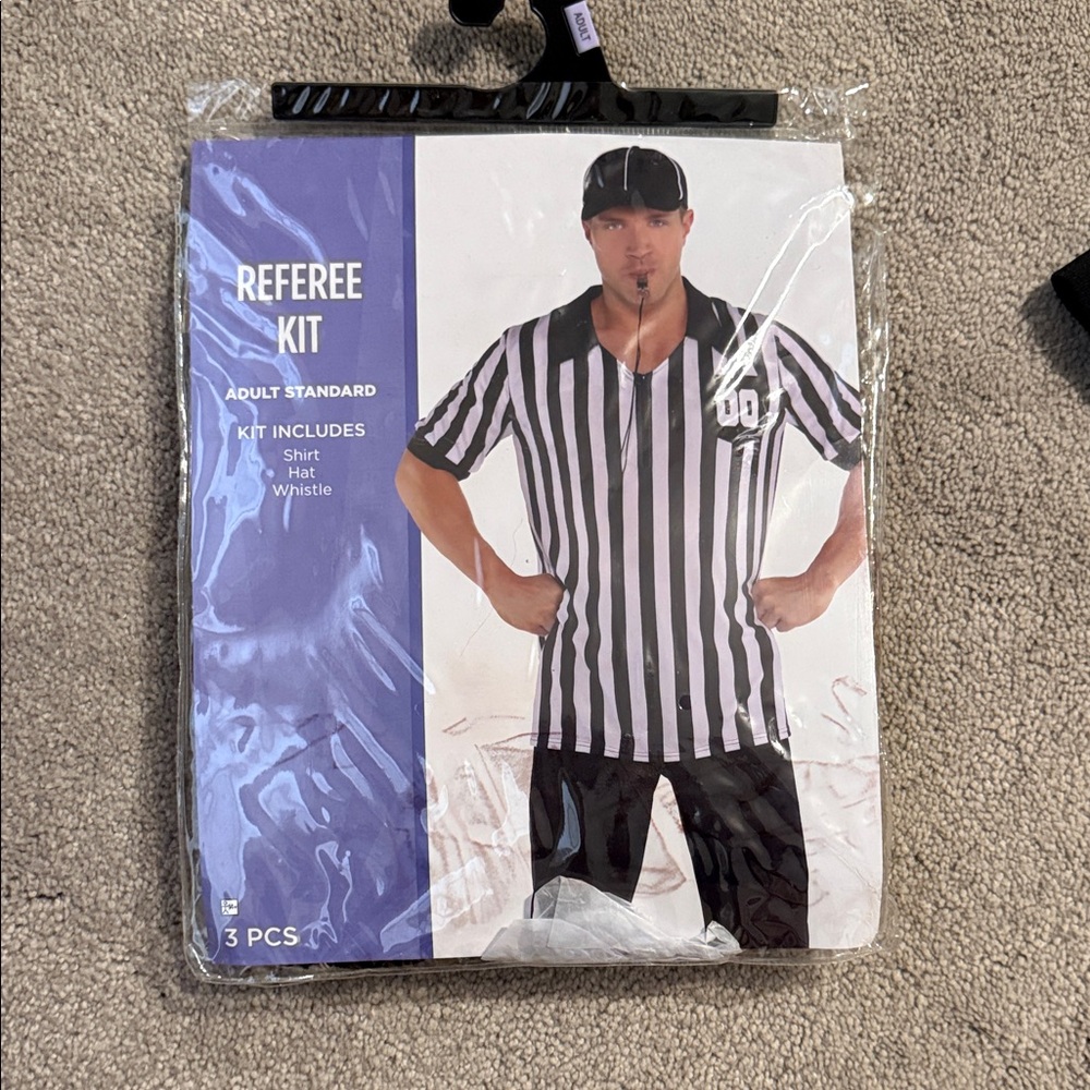 Referee Kit with Black and White Stripes includes hat and whistle